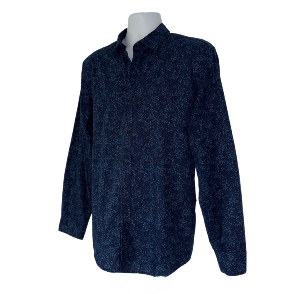 Alfani Men’s Button-Up Shirt Blue Floral Leaf Print Long Sleeve Size Large